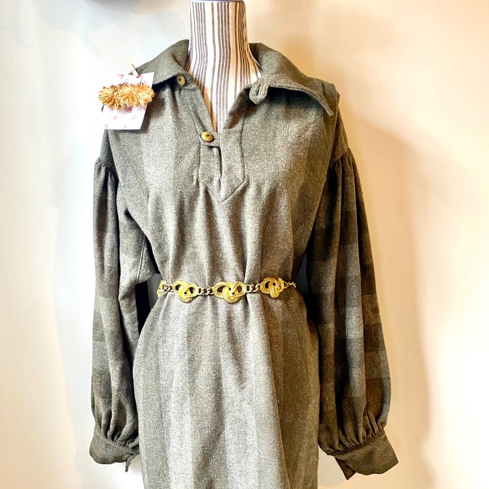 Olive green handmade puff sleeve dress